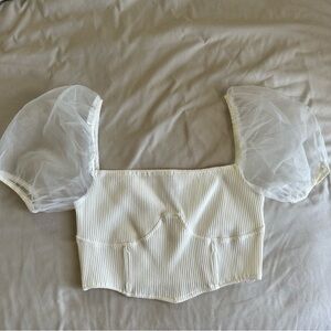 Sabo Skirt Ivory Puff-Sleeve Ribbed Crop Top